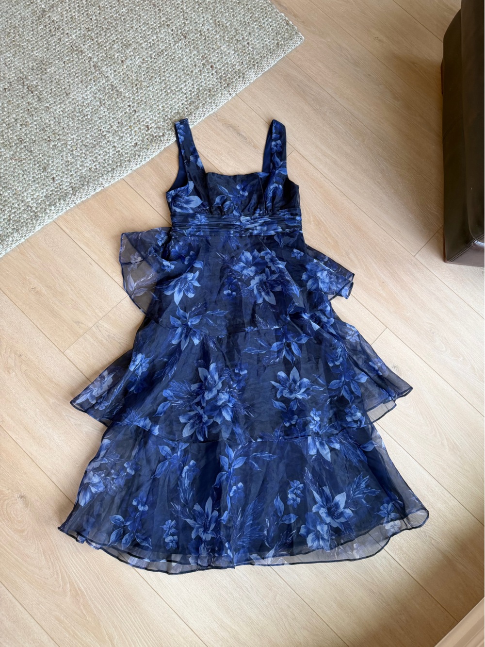 Lulus Dramatic Glamour Navy Blue Floral Organza Tiered Midi Dress